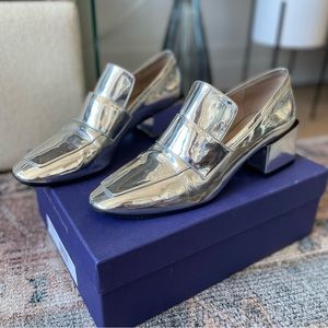 Stuart Weitzman Sawyer silver reflective block heel loafer